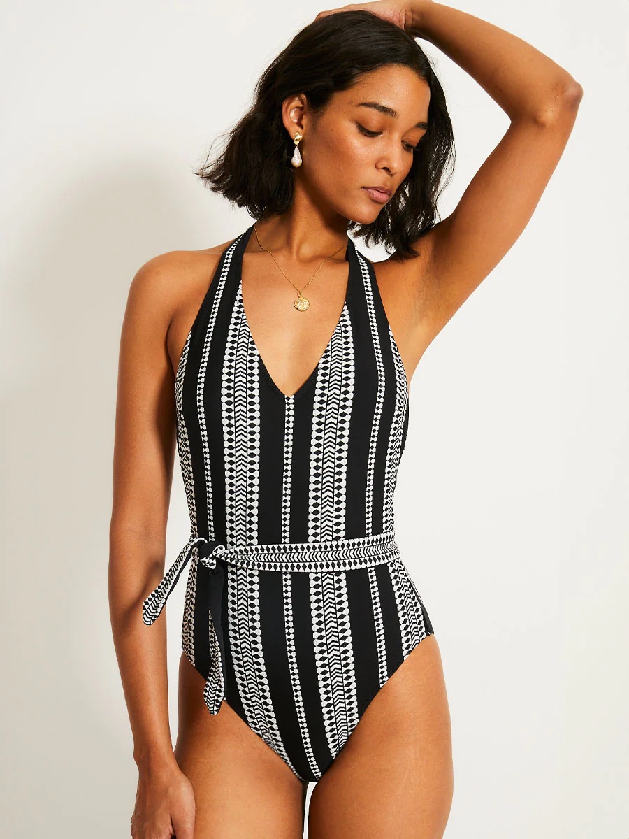 Black & White Belted One-Piece Swimsuit